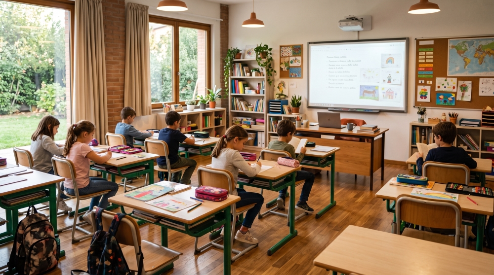 Wie man ein funktionales Klassenzimmer mit Tischen, Stühlen und einem Lehrertisch gestaltet