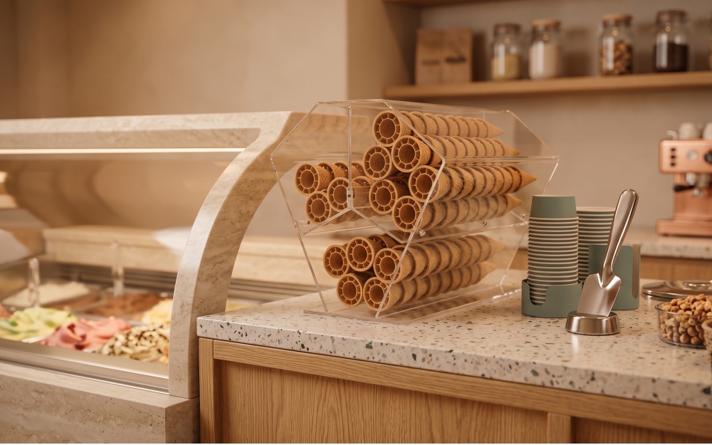 Waffelhörnchenhalter für die Theke: die praktischsten Lösungen für Eisdielen und Eisbars.