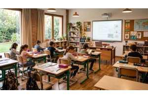 Wie man ein funktionales Klassenzimmer mit Tischen, Stühlen und einem Lehrertisch gestaltet