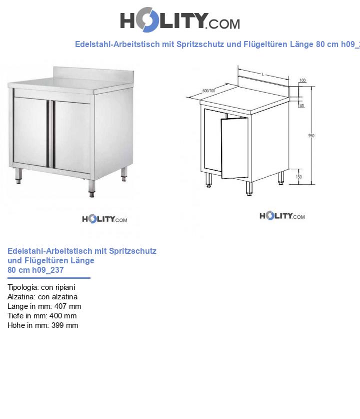 Edelstahl-Arbeitstisch mit Spritzschutz und Flügeltüren Länge 80 cm h09_237