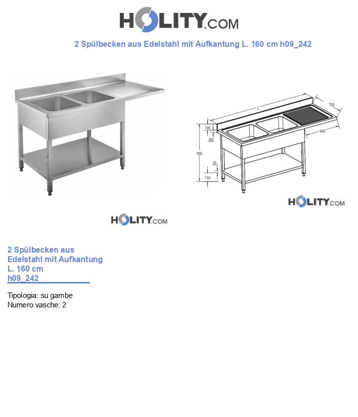 2 Spülbecken aus Edelstahl mit Aufkantung L. 160 cm h09_242