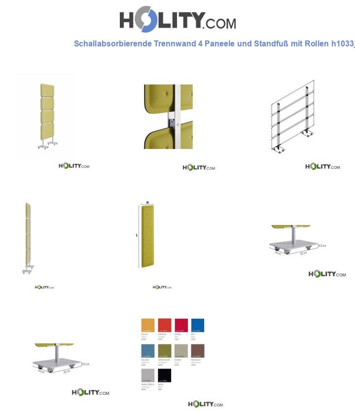 Schallabsorbierende Trennwand 4 Paneele und Standfuß mit Rollen h1033_24