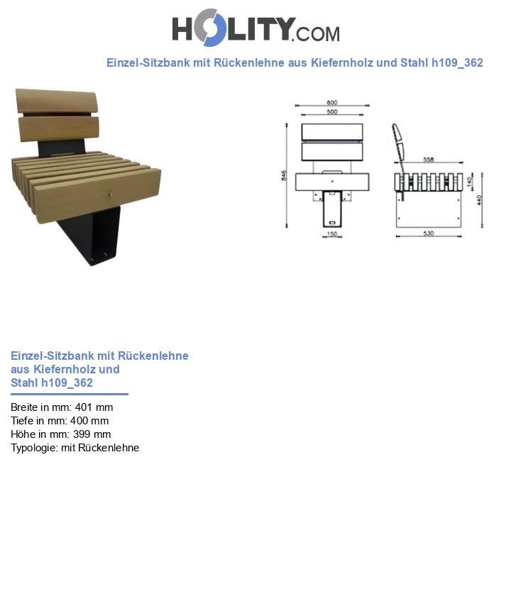 Einzel-Sitzbank mit Rückenlehne aus Kiefernholz und Stahl h109_362