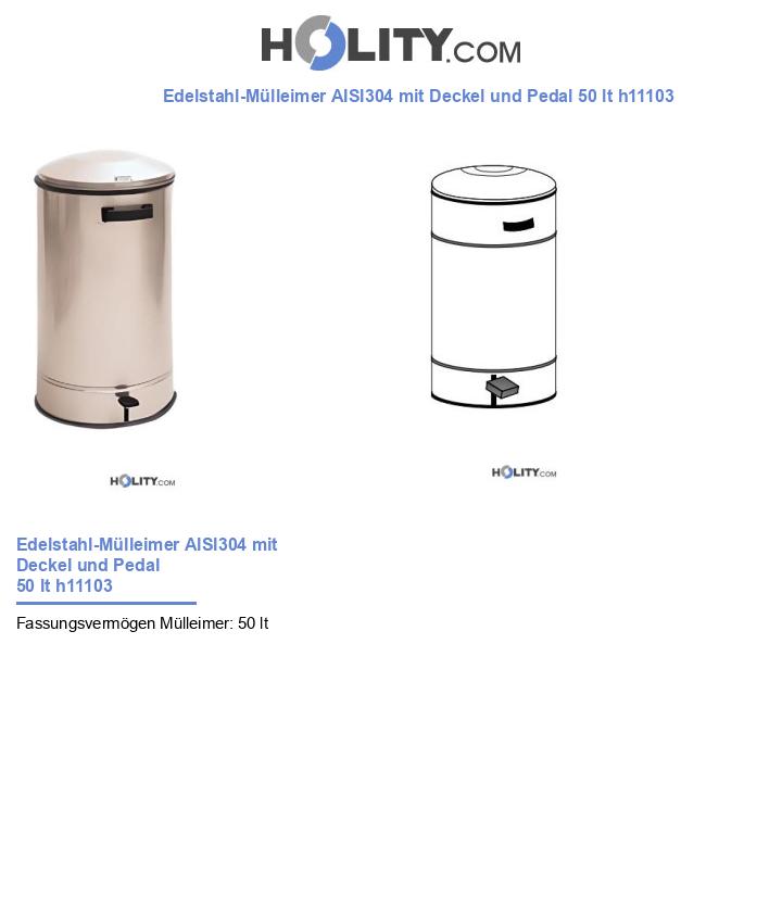 Edelstahl-Mülleimer AISI304 mit Deckel und Pedal 50 lt h11103