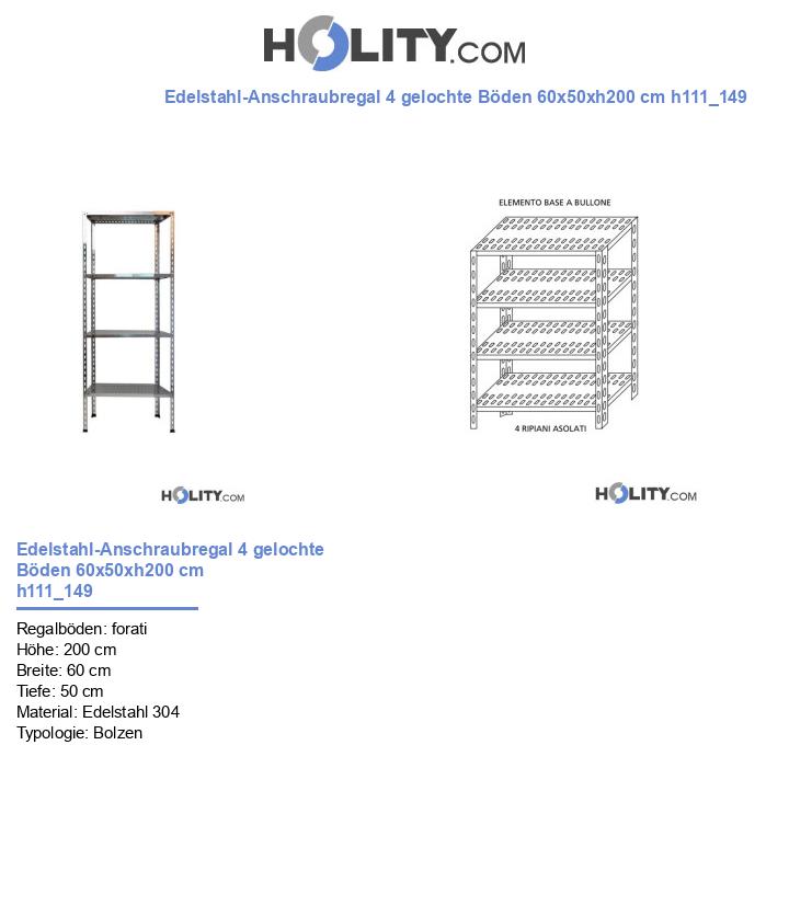 Edelstahl-Anschraubregal 4 gelochte Böden 60x50xh200 cm h111_149
