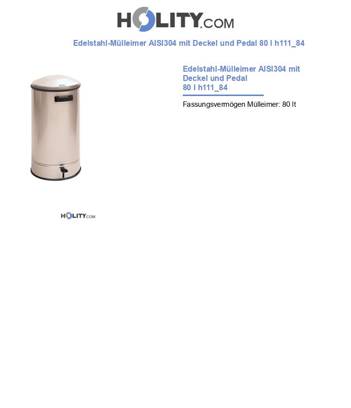 Edelstahl-Mülleimer AISI304 mit Deckel und Pedal 80 l h111_84