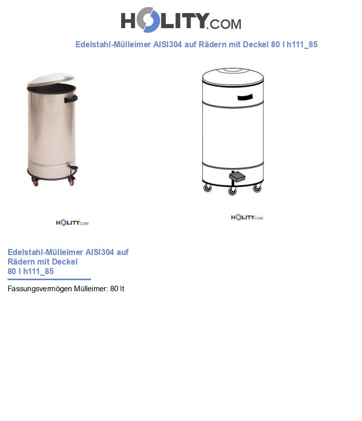 Edelstahl-Mülleimer AISI304 auf Rädern mit Deckel 80 l h111_85
