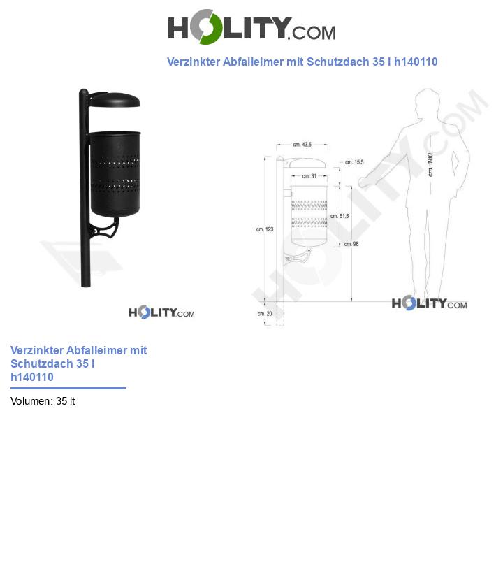 Verzinkter Abfalleimer mit Schutzdach 35 l h140110