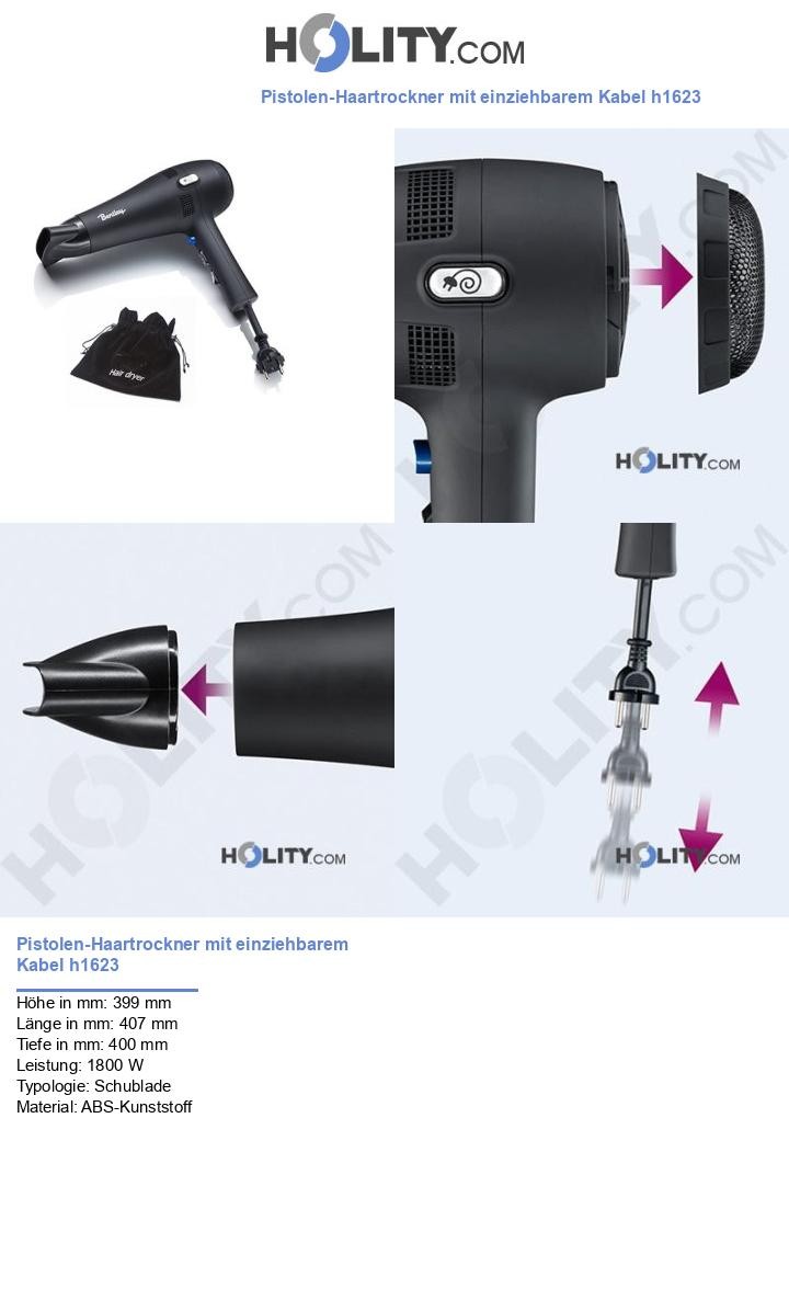 Pistolen-Haartrockner mit einziehbarem Kabel h1623