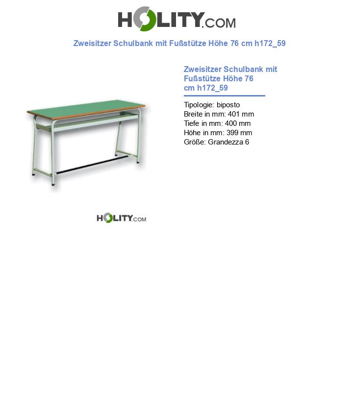 Zweisitzer Schulbank mit Fußstütze Höhe 76 cm h172_59