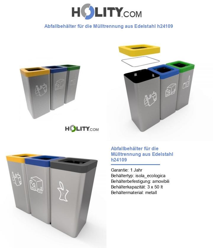 Abfallbehälter für die Mülltrennung aus Edelstahl h24109