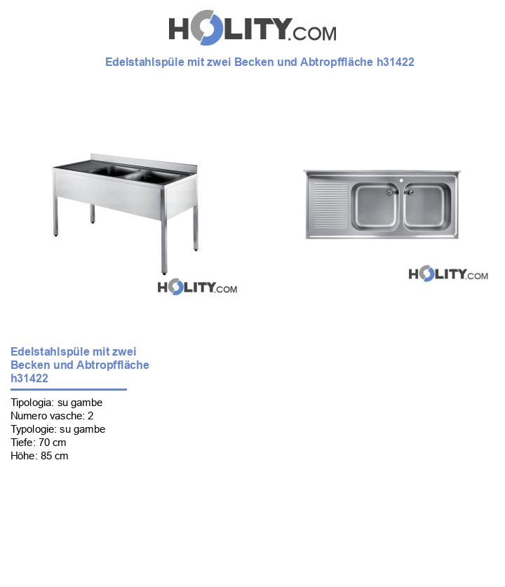 Edelstahlspüle mit zwei Becken und Abtropffläche h31422