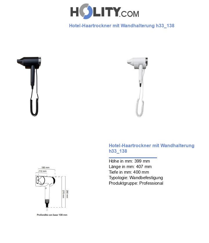 Hotel-Haartrockner mit Wandhalterung h33_138