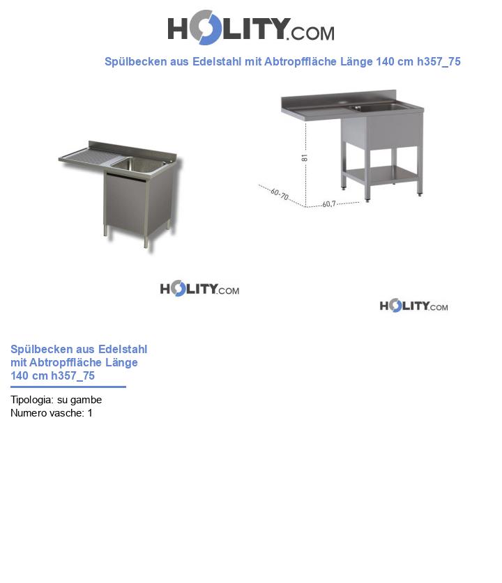 Spülbecken aus Edelstahl mit Abtropffläche Länge 140 cm h357_75