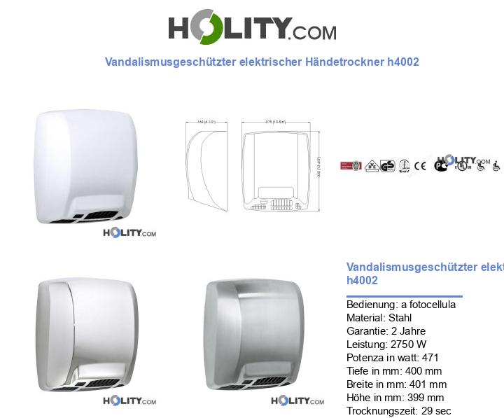 Vandalismusgeschützter elektrischer Händetrockner h4002