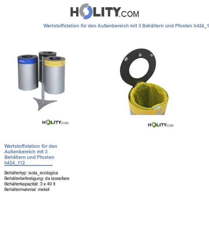 Wertstoffstation für den Außenbereich mit 3 Behältern und Pfosten h424_112