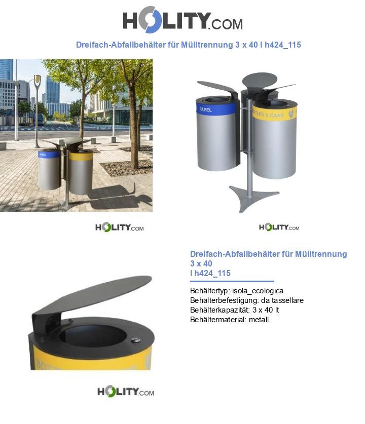 Dreifach-Abfallbehälter für Mülltrennung 3 x 40 l h424_115