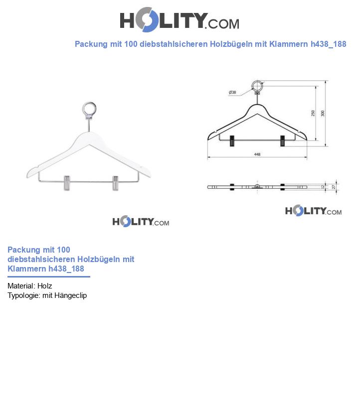 Packung mit 100 diebstahlsicheren Holzbügeln mit Klammern h438_188
