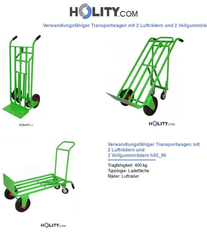 Verwandlungsfähiger Transportwagen mit 2 Lufträdern und 2 Vollgummirädern h55_96