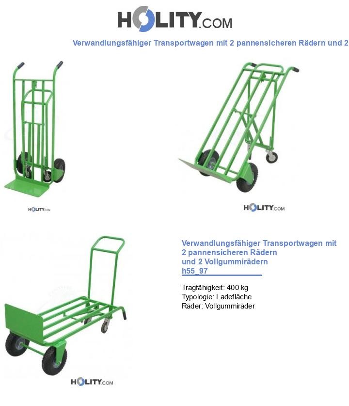 Verwandlungsfähiger Transportwagen mit 2 pannensicheren Rädern und 2 Vollgummirädern h55_97
