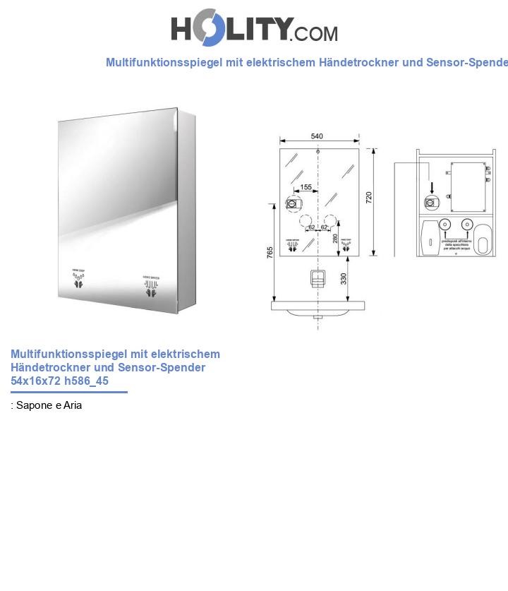 Multifunktionsspiegel mit elektrischem Händetrockner und Sensor-Spender 54x16x72 h586_45