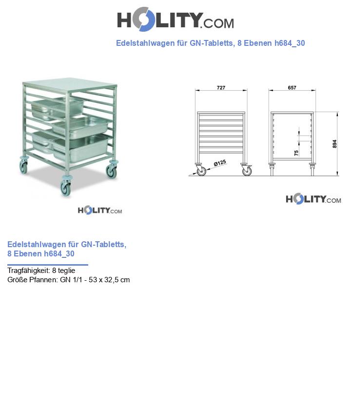 Edelstahlwagen für GN-Tabletts, 8 Ebenen h684_30
