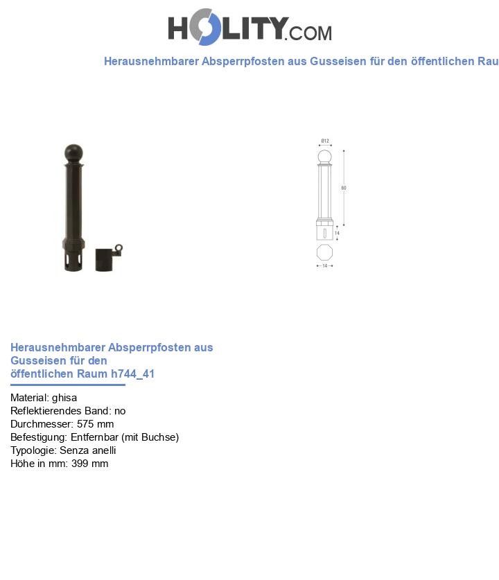 Herausnehmbarer Absperrpfosten aus Gusseisen für den öffentlichen Raum h744_41