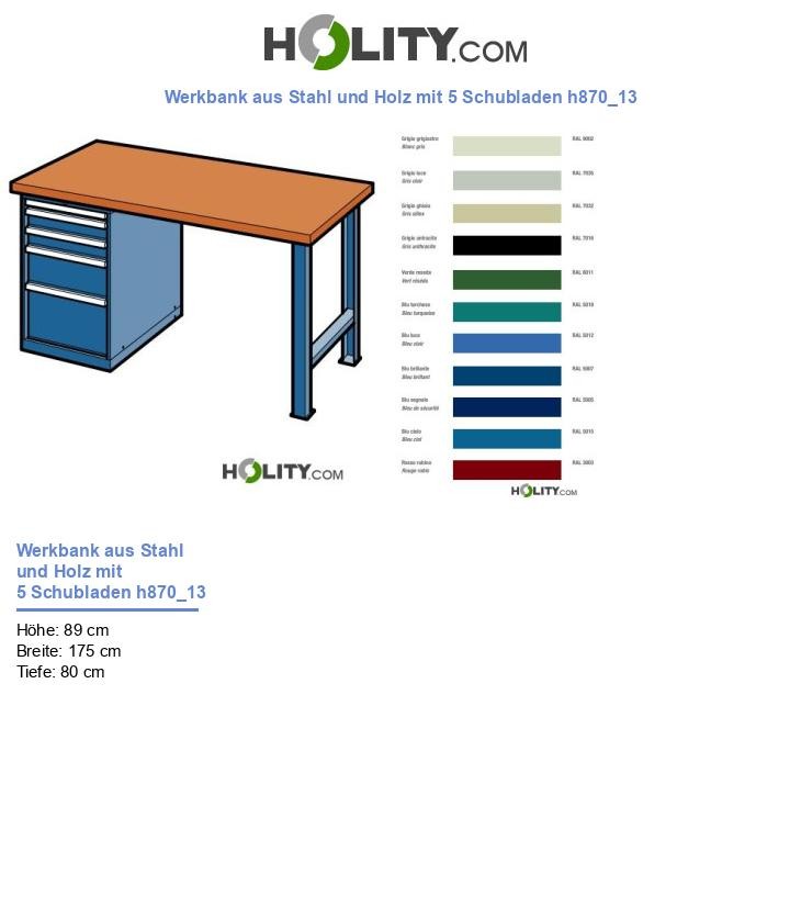 Werkbank aus Stahl und Holz mit 5 Schubladen h870_13