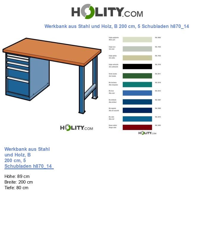Werkbank aus Stahl und Holz, B 200 cm, 5 Schubladen h870_14