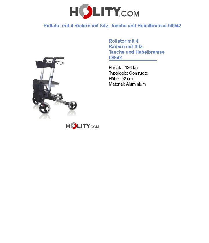 Rollator mit 4 Rädern mit Sitz, Tasche und Hebelbremse h9942